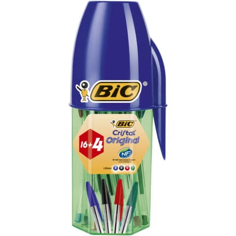 Penne a sfera con cappuccio BIC Cristal Original 1 mm - colori assortiti - astuccio portapenne da 20 pezzi - 929081